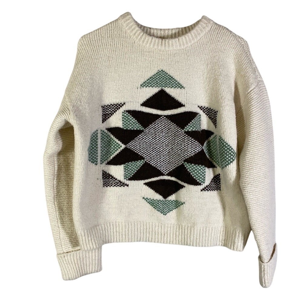 a.n.a. Graphic Sweater Medium Petite Aztec Geometric Brown Green Cream Crop